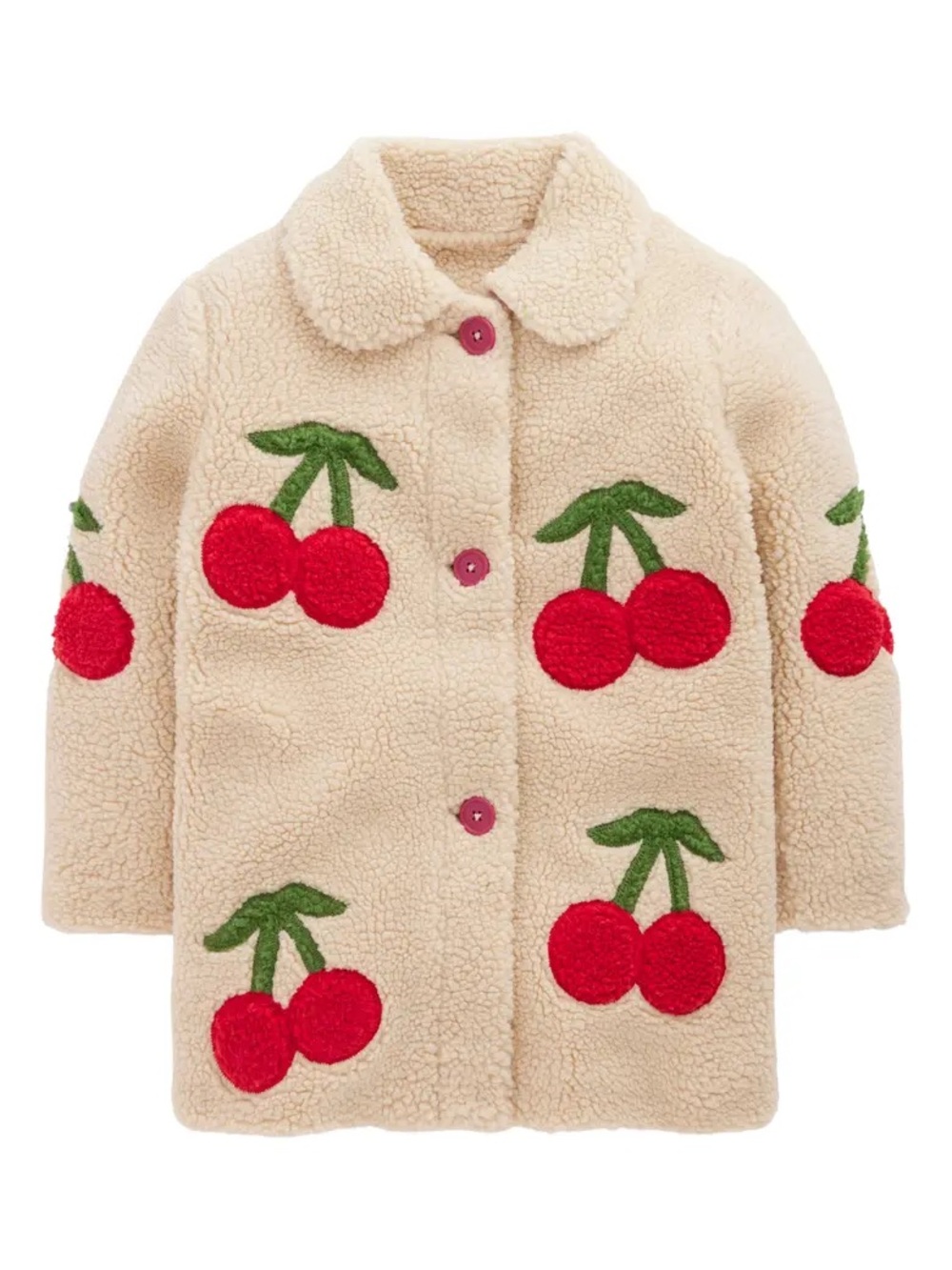 NWT Mini Boden Cherry Appliqué Fleece Button-Up Coat 5-6Y